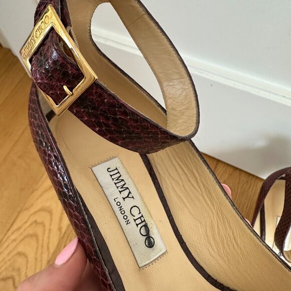 Jimmy Choo Helena 65 Pumps Buckle Ankle Strap Snakeskin Burgundy Size 40 - Picture 3 of 13